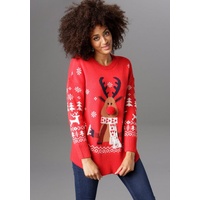 Aniston CASUAL Weihnachtspullover mit Bommel-Nase und Fransenschal Gr. 40,